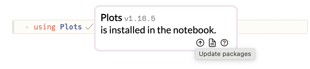 Screenshot of the update button visible next to the import of a package